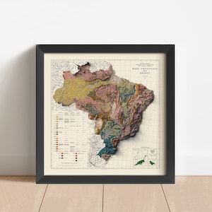 Brasilien Vintage Reliefkarte, basierend auf Original von 1960 | Brasilien Wand Kunst & Home Decor | Gerahmter Druck | Topographische Karte Geschenk | KEINE 3D-KARTE