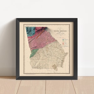 Vintage reliëfkaart Georgia (VS), gebaseerd op origineel uit 1849 | Muurkunst en woondecoratie Georgië | Ingelijste kaart | Topografische afdruk | GEEN 3D-KAART