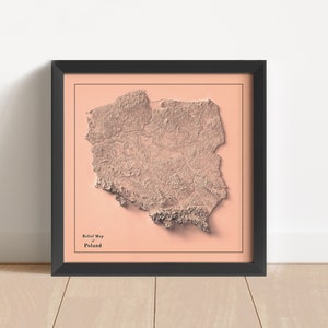 Polen Minimalistische Reliefkarte | Polen Wandkunst | Polen gerahmter Druck | Antikes Wanddekor | Topographische Karte Geschenk | KEINE 3D-KARTE