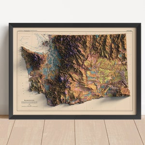 Carte en relief vintage de l'État de Washington, basée sur l'original de 1949 | Art mural et décoration d'intérieur | Impression encadrée | Carte topographique en cadeau | PAS UNE CARTE 3D