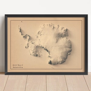 Antarktis Minimalistische Reliefkarte | Antarktis Wandkunst | Antarktis gerahmter Druck | Antikes Wanddekor | Topographische Karte Geschenk | KEINE 3D-KARTE