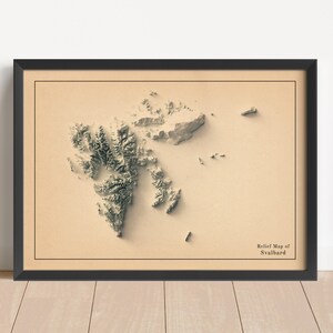 May include: Framed relief map of Svalbard, showing a 3D topographic representation of the archipelago. The map is in shades of grey and beige, set against a tan background, and enclosed in a black frame. The text "Relief Map of Svalbard" is visible.