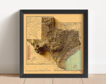 Texas Vintage Relief Map, based on 1929 original | Texas Wall Art & Home Decor | Framed Print | Topographic Map Gift | NOT A 3D MAP