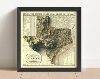 Texas Vintage Relief Map, based on 1876 original | Texas Wall Art & Home Decor | Framed Print | Topographic Map Gift | NOT A 3D MAP
