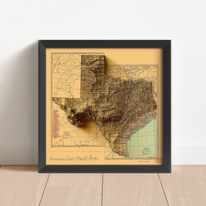 Texas Vintage Relief-Karte, basierend auf dem Original von 1929 | Texas Wand Kunst & Home Decor | Gerahmter Druck | Topographische Karte Geschenk | KEINE 3D-KARTE
