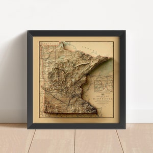 Minnesota Vintage Reliefkarte, basierend auf einer Vorlage von 1895 | Minnesota Wand Kunst & Home Decor | Gerahmter Druck | Topographische Karte Geschenk | KEINE 3D-KARTE