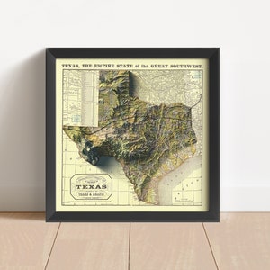 Texas Vintage Reliefkarte, basierend auf dem Original von 1876 | Texas Wand Kunst & Home Decor | Gerahmter Druck | Topographische Karte Geschenk | KEINE 3D-KARTE