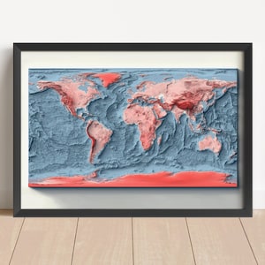 Carte en relief du monde bathymétrique et continents ombrés en rouge | Carte du monde encadrée | Art mural globe | Cadeau carte du monde topographique | PAS UNE CARTE 3D