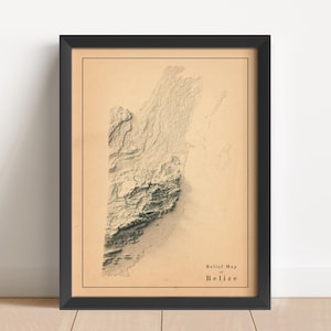 Carte en relief minimaliste du Belize | Art mural du Belize | Impression encadrée du Belize | Décoration murale antique | Carte topographique en cadeau | PAS UNE CARTE 3D