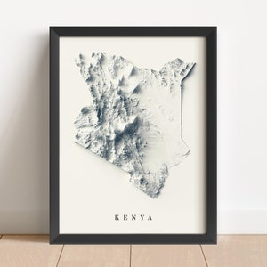 Carte en relief minimaliste du Kenya | Art mural Kenya | Poster Kenya encadré | Décoration murale antique | Carte topographique en cadeau | PAS UNE CARTE 3D