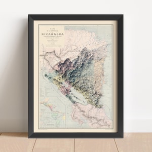 Carte en relief vintage du Nicaragua, basée sur l'original de 1873 | Art mural et décoration d'intérieur du Nicaragua | Impression encadrée | Carte topographique en cadeau | PAS UNE CARTE 3D