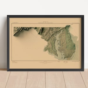 Maryland Vintage Reliefkarte, basierend auf einer Original 1950 | Maryland Wall Art & Home Dekor | Gerahmter Druck | Topographische Karte Geschenk | KEINE 3D-KARTE