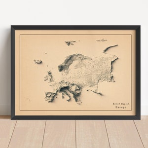 Mapa de Europa en relieve minimalista / Arte mural de Europa / Impresión enmarcada de Europa / Decoración de pared antigua / Regalo de mapa topográfico / NO ES UN MAPA 3D