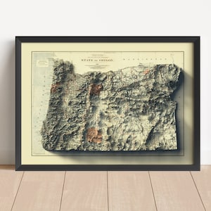 Oregon Vintage Relief-Karte, basierend auf einer Original-Karte von 1899 | Oregon Wand Kunst & Wohnkultur | Gerahmter Druck | Topographische Karte Geschenk | KEINE 3D-KARTE