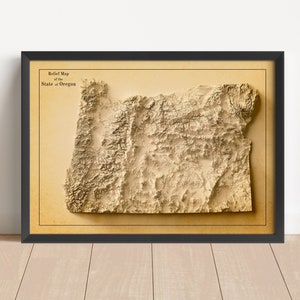 Minimalistische Reliefkarte Oregon Wandkunst | Oregon gerahmter Druck | Antikes Wanddekor | Topographische Karte Geschenk | KEINE 3D-KARTE