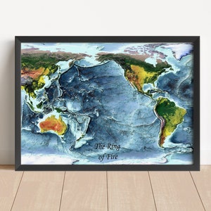 Pazifik - Ring of Fire Map, Pazifik Reliefkarte, Ring of Fire Wanddekor, Ring of Fire Vintage Map - KEINE 3D-KARTE