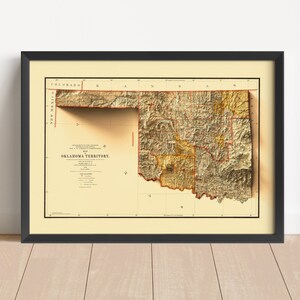 Vintage reliëfkaart Oklahoma, gebaseerd op origineel uit 1894 | Muurkunst en woondecoratie Oklahoma | Ingelijste print | Cadeau topografische kaart | GEEN 3D-KAART