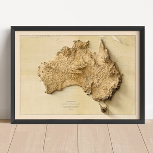 Australien Vintage Relief Karte, basierend auf dem Original von 1879 | Australien Wand Kunst & Home Decor | Gerahmter Druck | Topographische Karte Geschenk | KEINE 3D-KARTE
