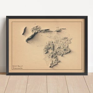 Venezuela Minimalistische Reliefkarte | Venezuela Wandkunst | Venezuela gerahmter Druck | Antikes Wanddekor | Topographische Karte Geschenk | KEINE 3D-KARTE