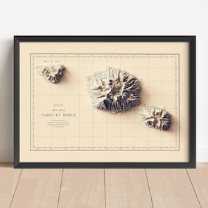 Mapa en relieve vintage de Tahití, basado en el original de 1857 / Arte mural y decoración del hogar de Tahití / Impresión enmarcada / Regalo de mapa topográfico / NO ES UN MAPA 3D