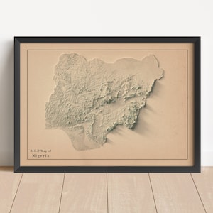 Nigeria Minimalistische Reliefkarte | Nigeria Wandkunst | Nigeria gerahmter Druck | Antikes Wanddekor | Topographische Karte Geschenk | KEINE 3D-KARTE
