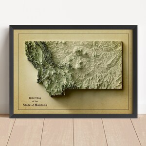 Montana Minimalistische Reliefkarte | Montana Wandkunst | Montana gerahmter Druck | Antikes Wanddekor | Topographische Karte Geschenk | KEINE 3D-KARTE