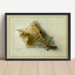 Oahu (Hawaii) Vintage Relief Karte, basierend auf Original von 1959 | Oahu Wand Kunst & Home Decor | Gerahmter Druck | Topographische Karte Geschenk | KEINE 3D-KARTE