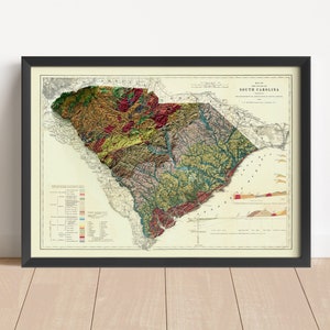 South Carolina Vintage Reliefkarte, basierend auf dem Original von 1883 | Wand Kunst & Home Decor | Gerahmter Druck | Topographische Karte Geschenk | KEINE 3D-KARTE
