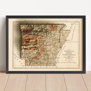 Arkansas Vintage Relief-Karte, basierend auf dem Original von 1892 | Arkansas Wall Art & Home Dekor | Gerahmter Druck | Topographische Karte Geschenk | KEINE 3D-KARTE