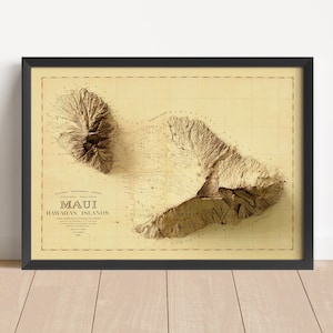 Maui Island (Hawaii) Vintage Reliefkarte, basierend auf dem Original von 1886 | Maui Wandkunst & Dekor | Geschenk | Topographischer Druck | KEINE 3D-KARTE