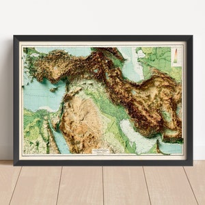 Naher Osten Vintage Reliefkarte, basierend auf dem Original von 1916 | Persien Wand Kunst & Home Decor | Gerahmter Druck | Topographische Karte Geschenk | KEINE 3D-KARTE