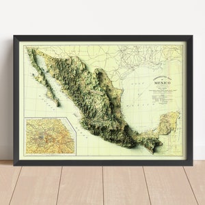 Mexiko Vintage Reliefkarte, basierend auf dem Original von 1922 | Mexiko Wand Kunst & Home Decor | Gerahmter Druck | Topographische Karte Geschenk | KEINE 3D-KARTE