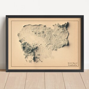 Minimalistische reliëfkaart Cambodja | Muurkunst Cambodja | Ingelijste Cambodjaanse print | Antieke wanddecoratie | Cadeau topografische kaart | GEEN 3D-KAART