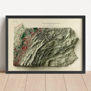 Vintage reliëfkaart Pennsylvania, gebaseerd op origineel uit 1921 | Muurkunst en woondecoratie | Ingelijste print | Cadeau topografische kaart | GEEN 3D-KAART