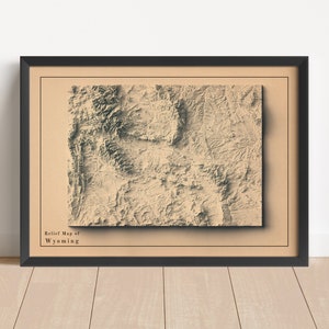 Wyoming Minimalist Relief Map | Wyoming Wall Art | Wyoming Framed Print | Antique Wall Decor | Topographic Map Gift | NOT A 3D MAP