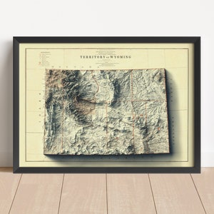 Wyoming Vintage Reliefkarte, basierend auf dem Original von 1879 | Wyoming Wandkunst & Wohnkultur | Gerahmter Druck | Topographische Karte Geschenk | KEINE 3D-KARTE