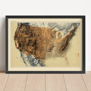 USA Vintage Reliefkarte, basierend auf Original von 1890 | USA Wand Kunst & Home Decor | Gerahmter Druck | Topographische Karte Geschenk | KEINE 3D-KARTE