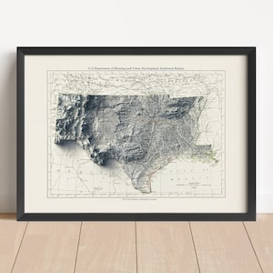Vintage reliëfkaart South Central USA, gebaseerd op origineel uit 1892 | Muurkunst en woondecoratie | Ingelijste print | Cadeau topografische kaart | GEEN 3D-KAART