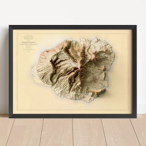 Vintage reliëfkaart van Kauai (Hawaï), gebaseerd op origineel uit 1912 | Kauai-muurkunst en woondecoratie | Ingelijste print | Cadeau topografische kaart | GEEN 3D-KAART
