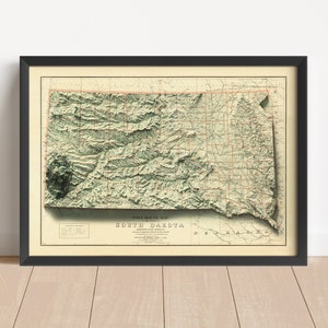 South Dakota Vintage Relief-Karte, basierend auf dem Original von 1897 | Wand Kunst & Home Decor | Gerahmter Druck | Topographische Karte Geschenk | KEINE 3D-KARTE
