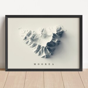 Mapa en relieve minimalista de Moorea (Polinesia Francesa) / Arte mural de Moorea / Impresión enmarcada / Decoración de pared antigua / Regalo de mapa topográfico / NO ES UN MAPA 3D