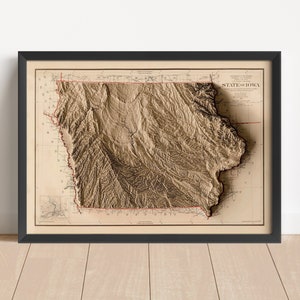 Iowa Vintage Relief-Karte, basierend auf der Vorlage von 1917 | Iowa Wall Art & Home Dekor | Gerahmter Druck | Topographische Karte Geschenk | KEINE 3D-KARTE