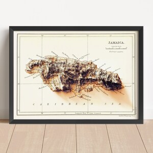 Jamaika Vintage Reliefkarte, basierend auf Original von 1888 | Jamaika Wand Kunst & Home Decor | Gerahmter Druck | Topographische Karte Geschenk | KEINE 3D-KARTE