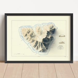 Mapa en relieve vintage de Moorea (francés), basado en el original de 1924 / Arte mural y decoración del hogar / Impresión enmarcada / Regalo de mapa topográfico / NO ES UN MAPA 3D
