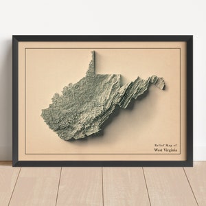 West Virginia minimalistische Landkarte | West Virginia Wandkunst | Gerahmter Druck | Antikes Wanddekor | Topographische Karte Geschenk | KEINE 3D-KARTE