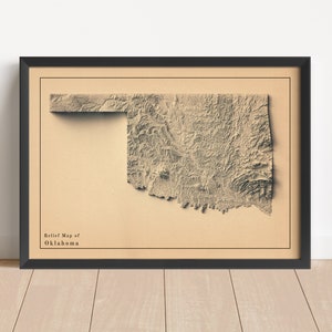Oklahoma Minimalistische Reliefkarte | Oklahoma Wandkunst | Oklahoma gerahmter Druck | Antikes Wanddekor | Topographische Karte Geschenk | KEINE 3D-KARTE
