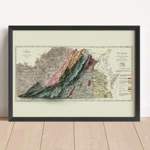 Virginia Geologische Vintage Reliefkarte, basierend auf dem Original von 1874 | Wand Kunst & Wohnkultur Geschenk | Topographischer gerahmter Druck | KEINE 3D-KARTE