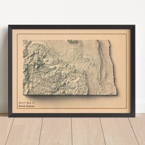 North Dakota Minimalistische Reliefkarte | North Dakota Wandkunst | Gerahmter Druck | Antikes Wanddekor | Topographische Karte Geschenk | KEINE 3D-KARTE