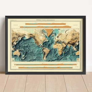 Bathymetrische Vintage Relief-Karte, Weltkarte, basierend auf Original von 1922 | Weltkarte Wand Kunst & Home Decor | Topographischer gerahmter Druck | KEINE 3D-KARTE