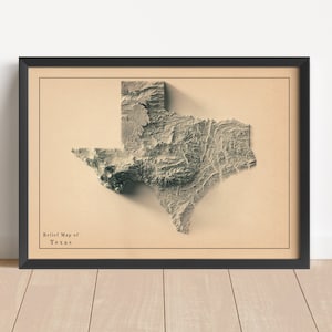 Texas Minimalistische Reliefkarte | Texas Wandkunst | Texas gerahmter Druck | Antikes Wanddekor | Topographische Karte Geschenk | KEINE 3D-KARTE